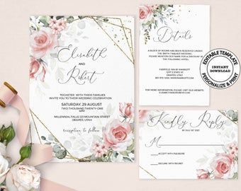 MIU Printable Rose Greenery Wedding Invitation Template Red | Etsy Bohemian Wedding Invitation, Blush Pink Wedding Invitations, Light Pink Roses, Light Pink Wedding, Bohemian Wedding Invitations, Light Pink Rose, Greenery Wedding Invitations, Pink Wedding Invitations, Blush Pink Weddings