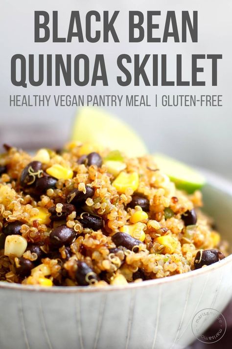 Make this vegan pantry meal using black beans, corn, quinoa and chili powder for a cheap easy dinner or lunch.  Use up any vegetables you have on hand - with plenty of protein it's the perfect recipe! Black Bean And Quinoa Recipes, Black Beans And Quinoa Recipe, Quinoa With Black Beans, Quinoa And Black Bean Recipes, Quinoa Beans Recipes, Bean And Quinoa Recipes, Black Quinoa Recipes, Vegan Pantry Meals, Quinoa Black Bean Recipes