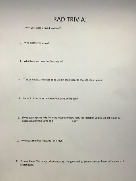 "Rad Trivia" for NRTW! Winners for day & night shifts get a door prize :) Radiology, rad tech week, national radiologic technology week National Radiologic Technology Week, Rad Tech Week Game Ideas, Xray Tech Week Games, Rad Week Ideas, Radiology Day Ideas, Radiology Tech Week Games, Radiology Week Ideas, Rad Tech Week Gift Ideas, Radiology Tech Week Ideas