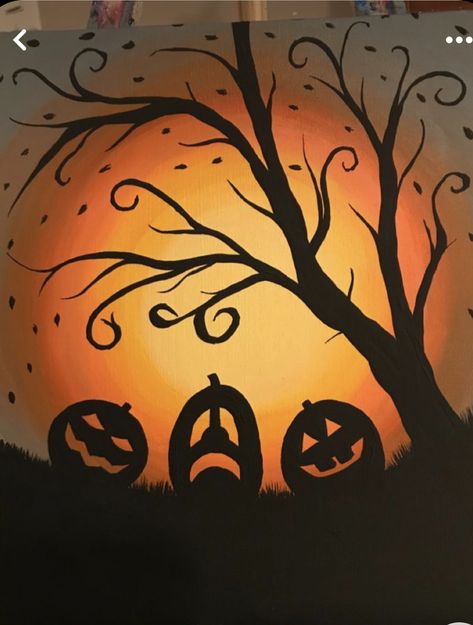 Winter Painting For Beginners, Halloween Paint Party Canvas, Fall Art Canvas, East Fall Painting Ideas, October Acrylic Painting Ideas, Harvest Painting Ideas, Halloween Sunset Painting, Easy Halloween Pictures To Paint, Halloween Tree Painting