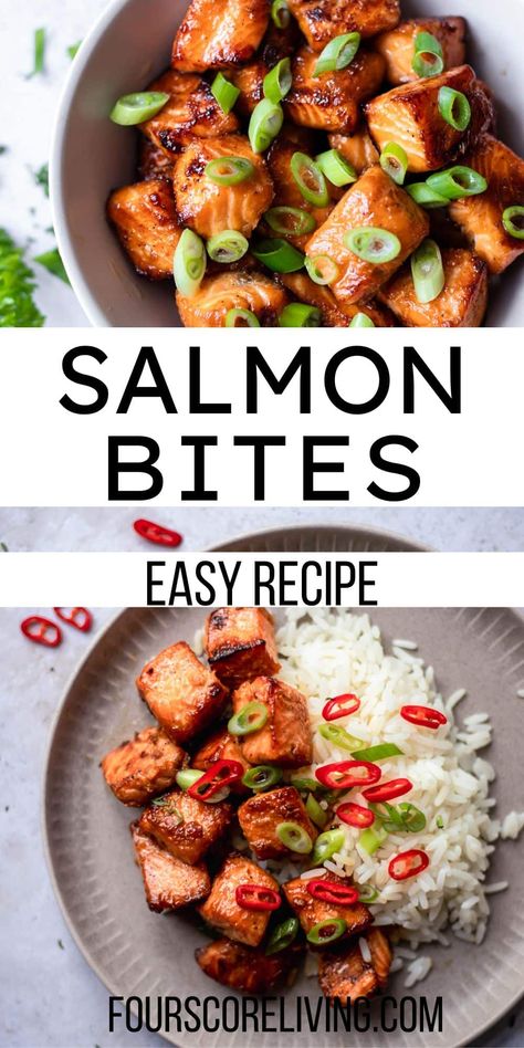 Salmon Bites Salmon Cubed Recipes, Family Friendly Salmon Recipes, Easy Delicious Salmon Recipes, Salmon For Picky Eaters, Salmon For One Person, Salmon For Beginners, Healthy Eating Salmon, Baked Salmon Cubes, Beginner Salmon Recipe