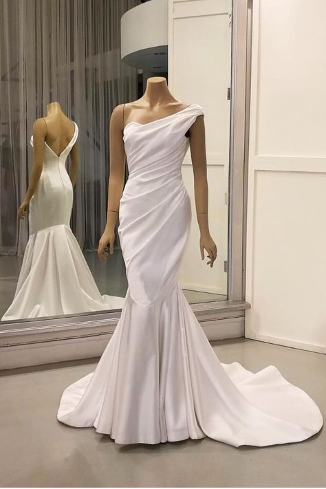 mermaid satin wedding gown A Line One Shoulder Wedding Dress, Wedding Gown For Bride, One Shoulder Wedding Gowns, Gown For Bride, Shoulder Wedding Dress, Satin Wedding Dress, Dress Inspo, Mermaid Gown, Satin Wedding