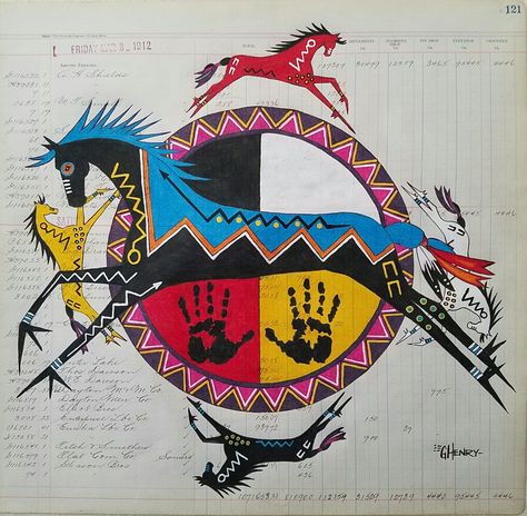 "Spirit of the Horse" Ledger painting Gordon Henry kK Native American Horse Drawing, Gordon Henry Art, Native American Ledger Art, Lakota Artwork, Native American Horse Art, Indian Horse Painting, Lakota Art, Native Drawings, Native American Indian Art