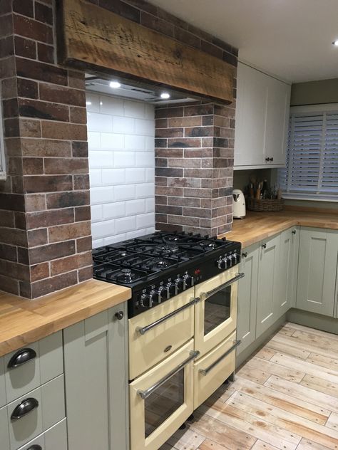 Cooker Fireplace, Green Country Kitchen, Cream Range, Kitchen Cream, Brick Effect Tiles, Fireplace Brick, Sage Kitchen, Victorian House Interiors, Green Country