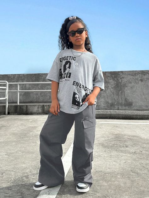 2pcs Tween Girl Trendy Character Print Drop Shoulder T-Shirt And Casual Cargo Pants Set Grey     Figure,Letter  High Stretch  Tween Girls Clothing, size features are:Bust: ,Length: ,Sleeve Length: 13 Year Girl Outfits, 12 Year Girl Outfits, Cute Fits For School Baddie, Urban Outfits For Women, Black Women Clothes, Baggy Outfits Girl, Black Girls Outfits, Y2k Street Wear, Street Wear Aesthetic Outfits