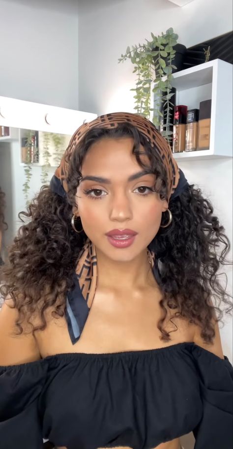 Head Scarf Styles Short Curly Hair, Headwrap With Curly Hair, Curly Hairstyles Headscarf, Scarf Headband Curly Hair, Headscarf Curly Hairstyles, Head Band With Curly Hair, Hairstyles With Headscarf, Headscarf Curly Hair, Curly Hair Bandana Hairstyles