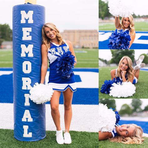 Cheer School Pictures, High School Cheer Senior Pictures, Cheerleader Senior Banner Poses, Football Cheer Poses Individual, Cheerleading Senior Pictures Ideas, Cool Cheer Pictures, Cheer Headshot Poses, Football Cheerleader Senior Pictures, Cheer Leading Pictures