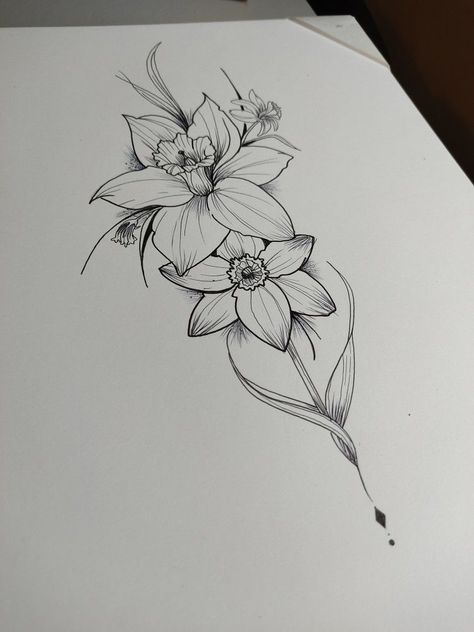 Narciso flower idea tattoo | #tattoo #tattoos #sketch Narcissus Flower Tattoo Forearm, Easter Flower Tattoo, Rose And Narcissus Flower Tattoo, Narcissus And Rose Tattoo, Narcissus Tattoo December, Narcissus Flower Tattoo With Butterfly, Narcissus Flower Tattoo With Name, Echo And Narcissus Tattoo, Daphodile Flower Tattoo