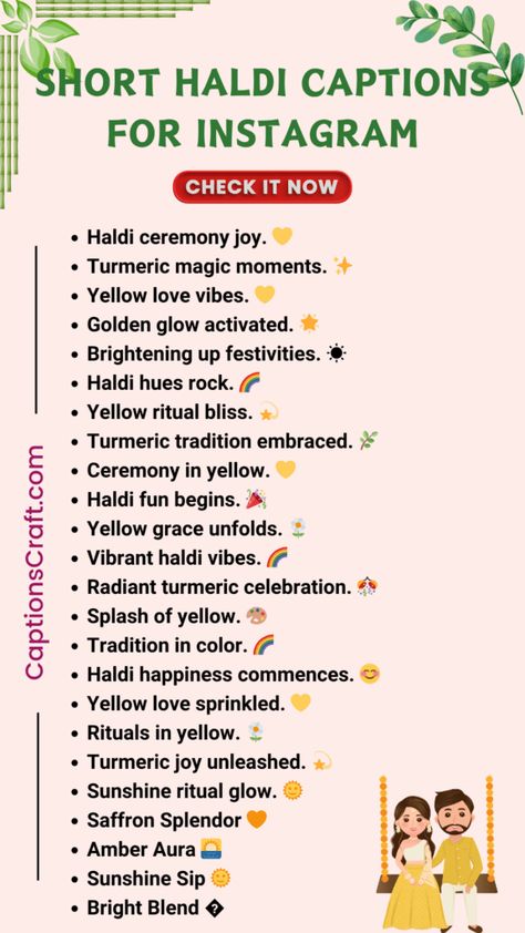 Caption For Haldi Ceremony, Caption For Haldi Ceremony Pics, Haldi Captions For Instagram For Bride, Haldi Quotes For Bride, Haldi Ceremony Captions, Desi Wedding Captions, Haldi Ceremony Captions For Instagram, Mehandi Captions For Instagram, Wedding Vibes Quotes