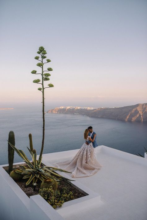 Santorini wedding portraits at sunrise. Steven Khalil wedding gown Elopement Wedding Photography, Santorini Wedding, Greece Wedding, Greek Wedding, Luxury Destination Wedding, Adventure Wedding, Best Wedding Dresses, Monique Lhuillier, Best Wedding Photographers