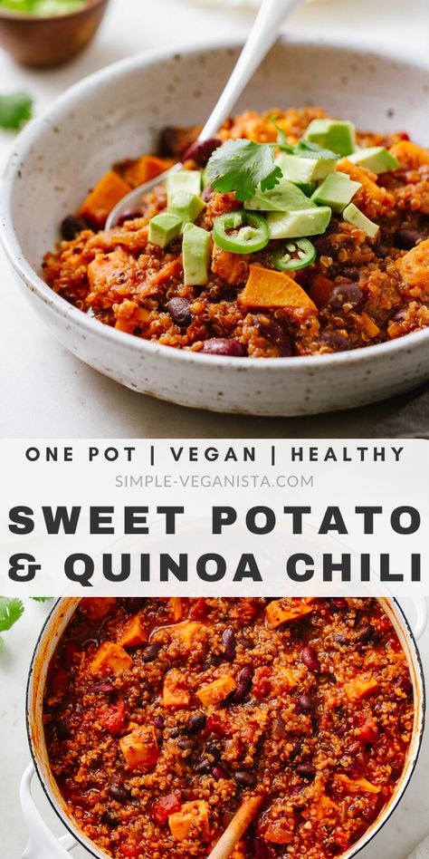 Sweet Potato Quinoa Chili, Quinoa Chili Recipe, Easy Stew Recipes, Hearty Chili Recipe, Sweet Potato Quinoa, Quinoa Chili, Slow Cooker Sweet Potatoes, Resep Diet, Vegan Chili