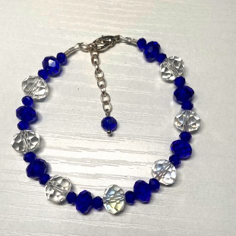 Handmade Beaded Bracelet. Size 6.5 To 8 Inches. Navy Blue Beaded Bracelet, Midnights Bracelets, Glass Beaded Bracelet, Water Mixes, Blue Beaded Bracelets, Glass Beads Jewelry, Bracelet Ideas, Hand Crafted Jewelry, Bracelets Handmade Beaded