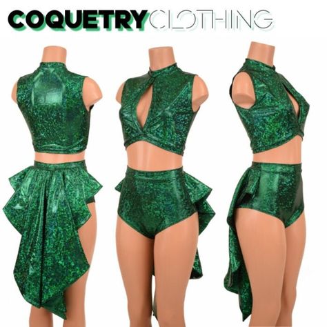 "This item is made to order, please read all the way through the listing before purchasing! This 2 piece set will make you squeal! ThE crop top is made from four way stretch spandex in green shattered glass holographic fabric. Green shattered glass fabric also accents around the middle opening, neckline, and hemline. It features a keyhole design in front, with a high back, and fits like a glove! TOP LENGTH: Underarm to hemline measures 8\" The cheeky \"siren\" shorts have a long tuxedo-style ruf Glove Top, Holographic Fabric, Solo Costume, Estilo Country, Tuxedo Style, Shattered Glass, Olive Branch, Fantasy Clothing, Fantasy Fashion