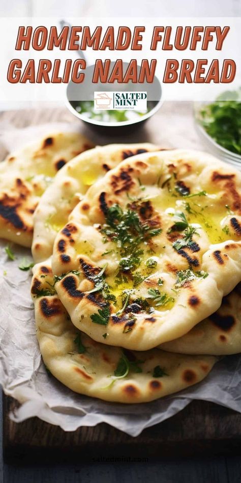 If you've ever tasted Garlic Naan, you know how incredibly delicious this Indian bread can be. Soft, fluffy, and brimming with a rich garlic flavor, it’s no wonder it has become a favorite in Indian cuisine. This Garlic Naan bread recipe can be made right at home, without the need for a tandoor oven, using a simple cast-iron skillet. Yeast Free Naan Bread Recipe, Fluffy Naan Bread, Yogurt Naan Bread Recipe, Simple Naan Bread Recipe, Naan Bread Recipe No Yogurt, Quick Naan Bread Recipe, Indian Naan Bread Recipe, Naan Bread Recipe Easy, Easy Garlic Naan