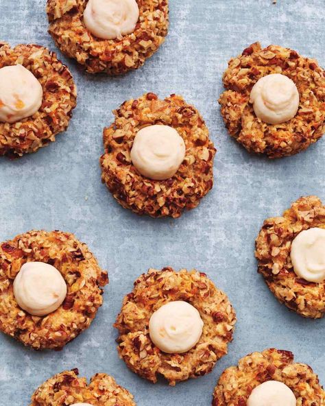 Carrot-Cake Thumbprint Cookies Martha Stewart Carrot Cake Cookies, Carrot Cake Thumbprint Cookies, Martha Stewart Carrot Cake Thumbprint Cookies, Easter Thumbprint Cookies, Thumbprint Cookies Christmas, Healthy Easter Dessert, Cookies Spring, Cookies Making, Easter Cookie Recipes