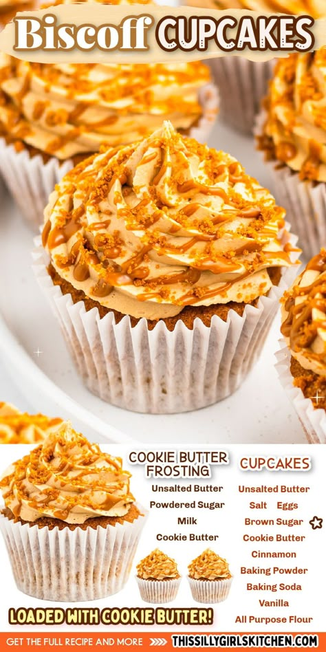 Each bite of these Biscoff cupcakes from This Silly Girl's Kitchen is a perfect blend of sweetness, spices, and everything nice, making it impossible to stop at just one. Made with Biscoff cookies and cookie butter, this deliciously easy dessert recipe is sweet and decadent. Give this recipe a try today! Biscoff Cookie Butter Cupcakes, Cookie Butter Cupcakes Recipe, Cookie Butter Recipes Biscoff, Biscoff Cupcakes Recipe, Biscoff Dessert Recipes, Cookie Butter Cupcakes, Cookie Butter Biscoff, Biscoff Desserts, Biscoff Cupcakes