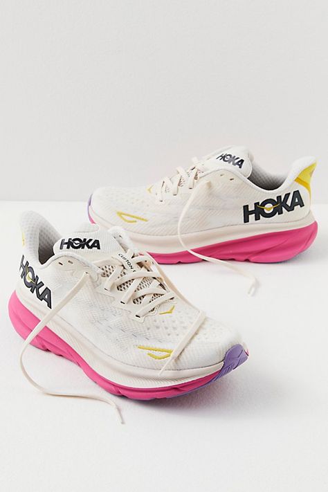 Designed to be lightweight and perfectly push, these run-ready sneakers by HOKA feature a more cushioned design and improved outsole with a reflective heel panel and streamlined tongue. **Features:** Breathable engineered upper, gusseted tongue, compression molded EVA midsole, Early stage Meta-Rocker, durabrasion rubber outsole, more stack height and less weight, reflective heel panel, responsive new foam, recycled content mesh, recycled polyester laces, vegan **Best For:** Your favorite runs an Hoka Clifton 9 Pink, Hoka Sneakers Outfit Women, Clifton 9 Hoka, Pink Hoka Shoes, Hoka Outfits Women, Hoka Shoes Woman Outfit, Hoka Outfit, Leopard Tennis Shoes, Hoka Shoes Woman