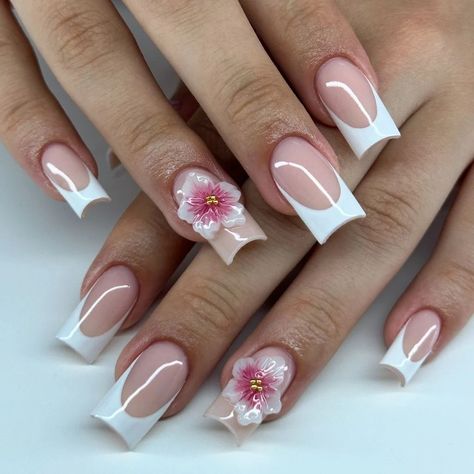 Hibiscus Flower Nails: Feel the Allure of the Islands on Fingertips – DTK Nail Supply French Tip With 3d Flower Design, Hibiscus Flower Nails 3d, 3d Hibiscus Flower Nails, Habisquis Flower Nail, Nails With Hibiscus Flower, French Nails With Flowers, Hibiscus Flower Nails, 19 Bday, Hibiscus Nails