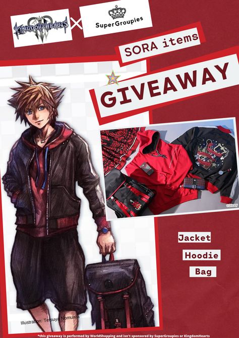 GIVEAWAY! Kingdom Hearts SORA items. The Jacket, The Hoodie and The Bag-all inspired by SORA's outfits and KH motifs. With "FREE INTL SHIPPING". Kingdom Hearts Sora, Sora Kingdom Hearts, Kingdom Hearts, Hoodie Jacket, Essence, Thank You, Movie Posters, Film Posters