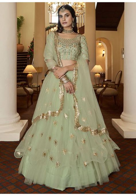 Pastel Green Designer Net Lehenga Choli Set Pista Green Lehenga, Pista Colour, Lehenga Green, Grey Lehenga, Pista Green Colour, Net Lehenga Choli, Sequence Embroidery, Pista Green, Party Wear Lehenga Choli