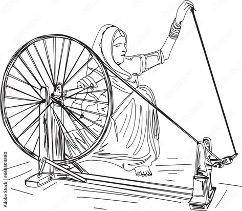 Download Spinning Wheel Legacy: Sketch Drawing of Rajasthani Adult Rural Woman on Charkha, "Textile Artistry: Village Woman Spinning on Charkha - Sketch Drawing Vector" Illustration of Asian Village Women Work Stock Vector and explore similar vectors at Adobe Stock. Spinning Wheel Drawing, Charkha Drawing, Heritage Illustration, Asian Village, Animal Line Drawings, Village Women, Person Drawing, Wheel Art, Drawing Vector