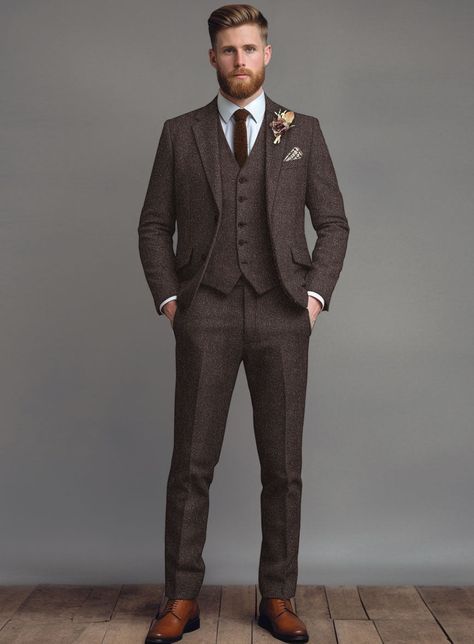 Men’s Winter Wedding Suit, Men Fall Wedding Suit, Groom Suit Simple, 3 Piece Tweed Suit Men, Charcoal Tweed Suit, Winter Groomsmen Attire Burgundy, Brown Wedding Tuxedo Grooms, Elegant Wedding Suits Men, Men’s Wedding Party