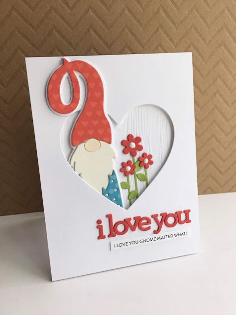 Handmade Gnome Cards, Gnomes Cards Ideas, Gnome Cards Handmade, Gnome Valentine Card, Gnome Dies, Gnome Cards, Valentines Day Cards Handmade, Stamp Card, Valentine Cards Handmade