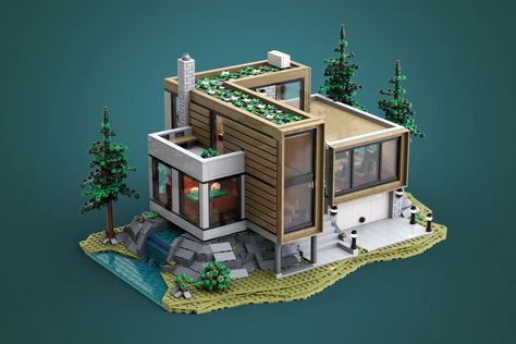 🏠 Welcome to this architect-designed house.🌲 Nestled in a coniferous forest within a rocky valley, this house offers comfort and modernity to its ... Small Modern House In Minecraft, Lego Dream House, Modern Lego House, Cool Lego Houses, Lego Ideas House, Simple Lego Builds, Lego Modern House, Play Architecture, Lego Mansion