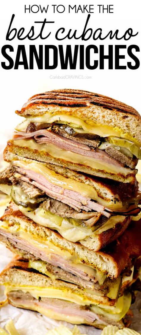 Grilled Cuban Sandwich, Cuban Meals, Big Sandwiches, Sandwich Cubano, Cuban Sandwich Recipe, Cuban Sandwiches, Cubano Sandwich, Cuban Pork, Cuban Bread