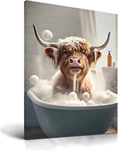 ❤️Unique and Whimsical Design: The funny bathroom wall art decor featuring a Highland cow in a bathing scene is a unique and playful addition to any bathroom or kid's room. It adds a touch of personality and charm to the space, making it stand out from typical bathroom decor. #wallart #funnywallart #ecclecticart Cow Wall Decor, Cow Artwork, Waterproof Wood, Bathroom Wall Decor Art, Highland Cow Canvas, Bathroom Artwork, Bilik Mandi, Fluffy Cows, Cow Wall Art