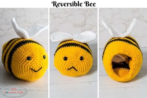 Free Reversible CROCHET BEE Pattern to Play and Show Emotions Reversible Crochet Doll, Crochet Reversible Doll Free Pattern, Crochet Emotions, Plush Crochet Pattern, Reversible Crochet, Bee Plush, Stuff Toys, Bee Wings, Plush Crochet