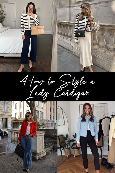 How to Style a Lady Cardigan Lady Cardigan Outfit, Cropped Cardigan And Dress Outfit, Styling A Cardigan Outfit Ideas, Classy Cardigan Outfit, Cardigan Jacket Outfit, How To Wear A Cardigan, How To Style Cardigans, What To Wear Under A Cardigan, Cardigan And Dress Outfit