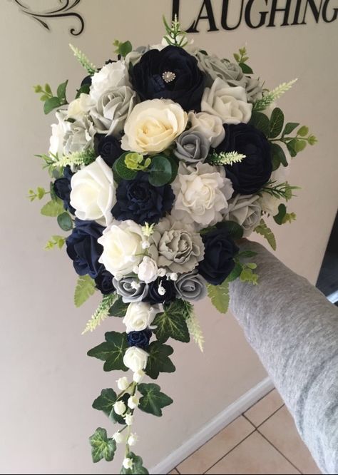 Navy, silver & ivory teardrop bridal bouquet Sept Wedding, Southern Charm Wedding, Wedding Planning Binder, Bridal Bouquet Blue, Black And White Roses, Blue Wedding Bouquet, Blue Themed Wedding, Black White Wedding, Future Wedding Plans