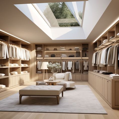 Modern Custom Closet, Walk In Closet Aesthetic Minimalist, Earthy Dressing Room, Skylight Closet, Walk In Closet Design Layout Master Suite, Dressing Room Minimalist, Big Walk In Closet Luxury, Long Walk In Closet, Walk In Wardrobe Ideas Master Bedrooms