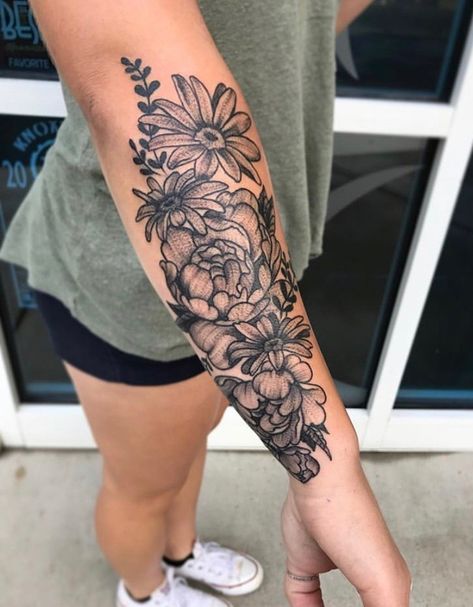 Floral tattoo #floral #tattoo #forearm #sleeve #ink Add On To Sleeve Tattoo, Inner Forearm Tattoo Floral, Small Forearm Sleeve Tattoos, Nature Floral Tattoo, Floral Garden Tattoo Sleeve, Floral Arm Filler Tattoo, Floral Arm Tattoo Cover Up, Cover Up Tattoos Arm Woman, Forearm Piece Tattoo