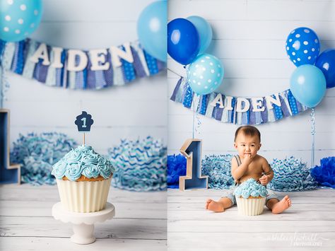 First birthday cake smash photo session, blue giant cupcake  Ashleigh Whitt Photography - Cleveland Ohio Cake Smash Photographer Smash Cupcake Boy, Smash Cake Boy First Birthday, First Birthday Boy Cake Smash, 1st Birthday Boy Cake, Blue First Birthday, Cake Boy, Baby Cake Smash, 1st Birthday Pictures, Baby Boy 1st Birthday Party