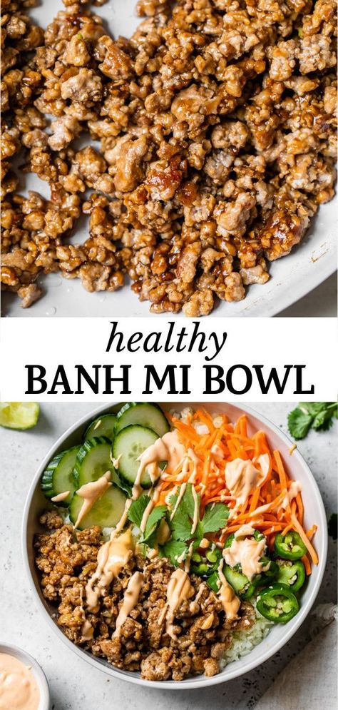 Healthy Banh Mi Bowl, Healthy Bowl Sauce Recipes, Healthy Bahn Mi, Banh Mi Meatball Bowl, Paleo Power Bowl, Banh Mi Rice Bowl, Meat And Veggie Bowls, Bon Mi Bowl, Beef Banh Mi Bowl