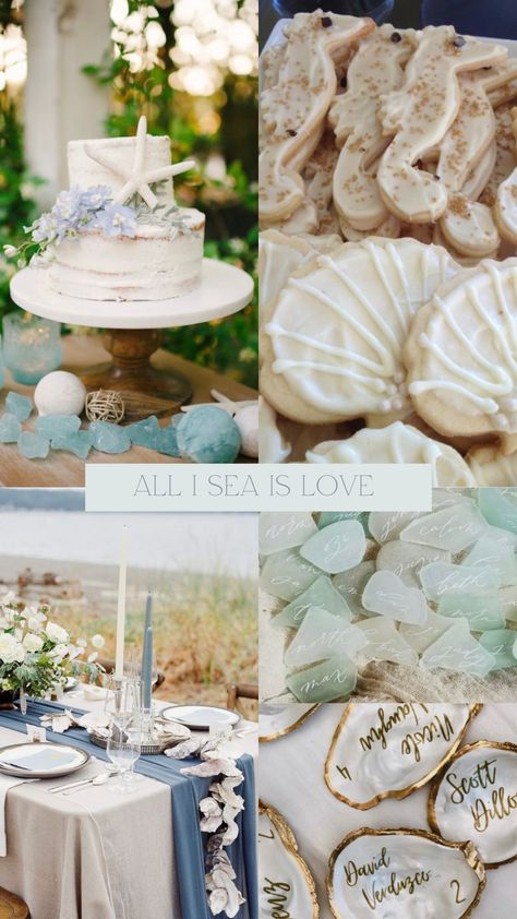 All I Sea Is Love - Bridal Shower Theme Blue Bridal Shower Decorations, Beach Engagement Party, Mermaid Bridal Showers, Engagement Party Themes, Small Wedding Bouquets, Bridal Shower Inspo, Beachy Wedding, Beach Bridal Showers, Couple Wedding Shower