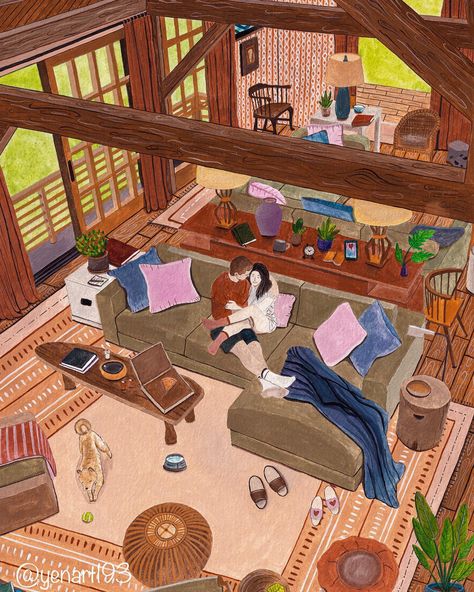 Couple in their cozy home Illustration “falling for him wasn’t falling at all. It was walking into a house and suddenly knowing you’re home.” - r.i.d I wish you a cozy weekend with your pets, your loved ones and with yourselves. Inspired from a photo of a house design #coupleillustration #gouacheart #gouacheillustration #drawing #cozyhome #cozycottage Cozy Art Aesthetic, Cozy Home Illustration, Decorate My Cubicle, Cozy Drawings, A House Design, Peaceful Art, Cottage Core Art, Cozy Art, Home Illustration