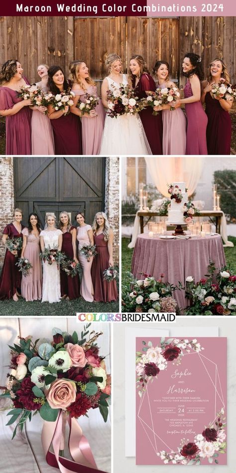 Maroon and dusty rose wedding color combos inspirations for 2024: mismatched bridesmaid dresses of dusty rose and maroon, bridal bouquets of maroon and dusty rose, dusty rose invitations with maroon floral patterns, dusty rose table linens, wedding cakes with maroon and dust rose flowers decorations. #weddingcolors #weddingideas #maroonweddings #colsbm #2024 #bridesmaiddresses #maroonanddustyrose Burgundy Lavender Wedding, 2024 Wedding Colors, Maroon Wedding Colors, Pink And Burgundy Wedding, Wine Colored Wedding, Dusty Rose Wedding Colors, Top Wedding Colors, Burgundy Wedding Theme, Rose Wedding Theme