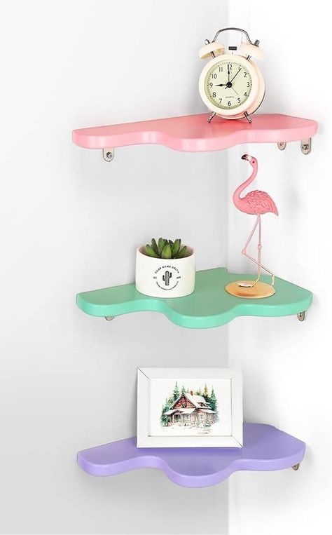 Amazon.com: Menkxi Cute Wavy Corner Shelf Wall Mount, Set of 3 Wood Floating Cloud Corner Wall Shelves with Cord Hole Wall Danish Pastel for Bedroom Living Room Bathroom Kitchen : Home & Kitchen Pink Nightstands, Floating Shelves Bedroom, Corner Wall Shelves, Pastel House, Solid Wood Shelves, Pastel Room, Danish Pastel, Corner Wall, Shelf Wall