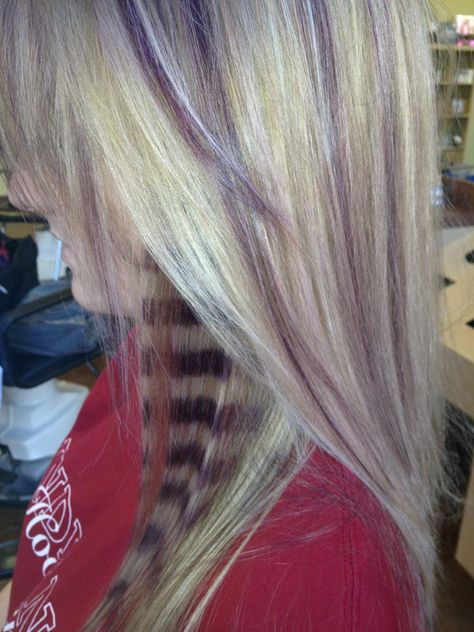 Awsome "coon tail"!!!....wondering how this would look in brunette hair!! Stripes Hair Color Highlights, Pink And Purple Raccoon Tail Hair, Raccoon Tail Hair Underneath, Raccoon Highlights Hair, Blonde Hair With Raccoon Tail, Purple Blonde Hair Highlights, Chunky Highlights With Raccoon Tail, Brown And Blonde Raccoon Tail Hair, Scene Hair Raccoon Tail