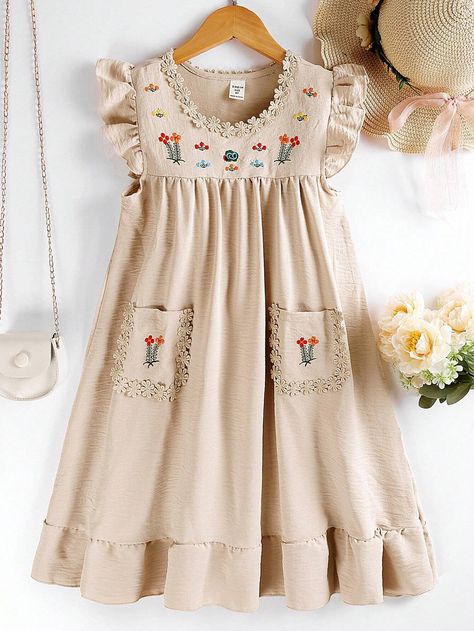 SHEIN Kids EVRYDAY Tween Girl Floral Embroidery Ruffle Trim Pocket Patched Dress | SHEIN USA Embroidery On Dress, Boho Dress Pattern, Shein Kids, Girls Dresses Sewing, Patch Dress, Kids Fashion Dress, Kids Designer Dresses, Kids Frocks, Baby Frocks Designs