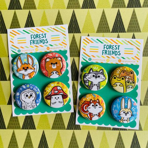 Button Badges Ideas, Button Pin Packaging, Bottons Ideas, Nursery Woodland Animals, Woodland Animal Art, Nursery Woodland, Little Forest, Tender Care, Animal Pins