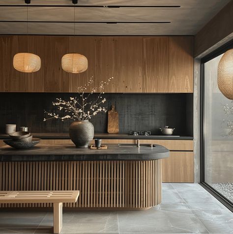 Bright Kitchen Ideas, Nature Inspired Kitchen, Japandi Dining Room Design, Kitchen Japandi, Modern Kitchen Window, Upscale Kitchen, Japandi Dining Room, Japandi Dining, Japandi Kitchen