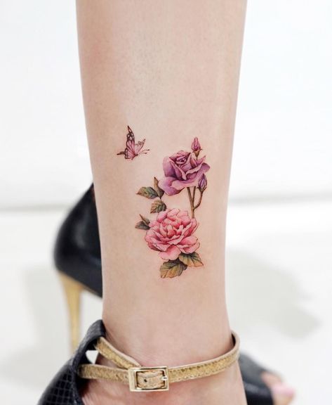 Dainty Butterfly Tattoo Color, Flower Butterfly Tattoo Color, Peony Butterfly Tattoo, Rose Colored Tattoo, Colorful Butterfly Tattoo With Flowers, Butterfly And Rose Tattoo For Women, Peony Tattoo Design Colour, Rose Floral Tattoo Design, Rose And Peony Tattoo