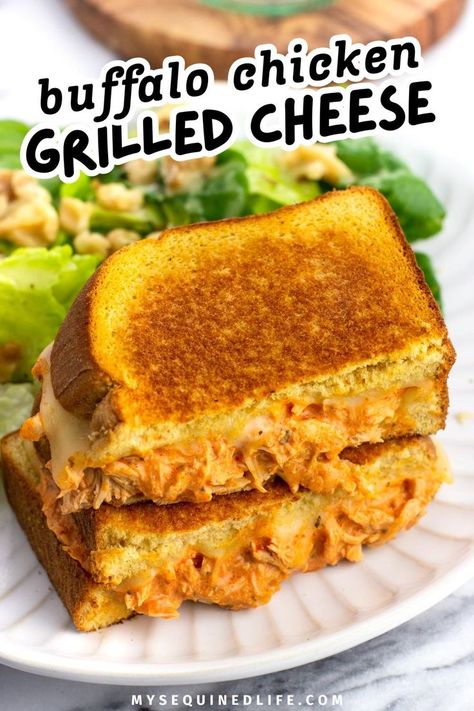 Two halves of a buffalo chicken grilled cheese stacked on top of one another. Rotisserie Chicken Sandwiches, Rotisserie Chicken Sandwich, Buffalo Chicken Grilled, Chicken Grilled Cheese, Buffalo Chicken Grilled Cheese, Chicken Grilled, Special Occasion Food, Easy Comfort Food, Chicken Sandwich