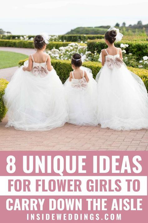 Whether your venue doesn’t allow it or you just want to do something different, see options for what a flower girl can carry down the aisle besides a basket of petals. Unique Flower Girl Ideas, Flower Girl Signs To Carry, Adult Flower Girl Ideas, Flower Girl Alternative To Petals, Flower Girl Ideas Instead Of Petals, Flower Girl Flowers Ideas, Flower Girl Ideas To Carry, Flower Girls Ideas, Diy Flower Girl Basket