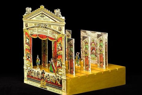 'Proscenium, Théâtre Francaise,' circa 1866, is one of the paper theaters on display at the Bruce Museum in Greenwich, Connecticut Theatre Backdrops, Puppet Theaters, Victorian Toys, Tunnel Book, Paper Theatre, Toy Theatre, Puppet Theater, Pop Up Book, Toy Craft