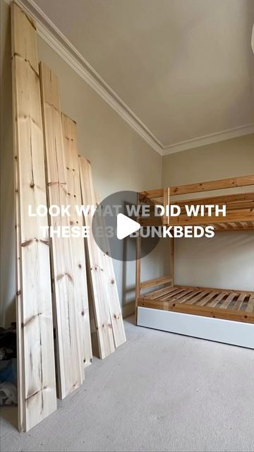 Upcycle Bunk Bed, Small Double Room Ideas, Bunk Bed Divider Wall, Bunk Bed Upcycle, Ikea Mydal Bunk Bed Ideas, 2 Boy Room Ideas, Building A Bunk Bed, Bunk Bed Transformation Ideas, Diy Built In Bunk Bed